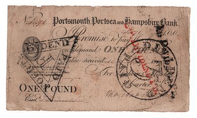 Великобритания. One Pound. Portsmouth, Portsea and Hampshire bank 1819 VF-. Размер 11.5х20 см. 