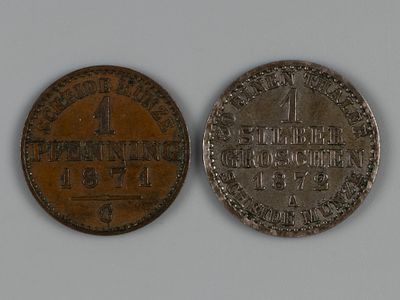 Пруссия. Вильгельм. 1 серебряный грош 1872 и 1 пфеннинг 1871 XF. Состояние XF