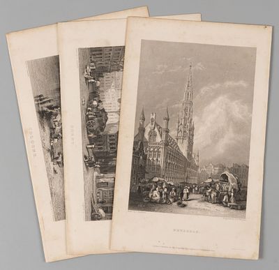 Кёльн. Гент. Брюссель. Три гравюры на стали. XIX век. Размеры листов 12,3х19,5 см. Условно 