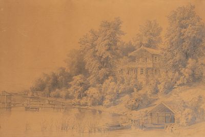 Подпись неразборчивая. Дача на берегу озера. 1863. Бумага на картоне, карандаш. Размер листа 36 