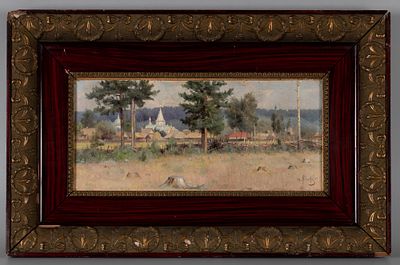 Н/х. Вид на сосны и церковь. Конец XIX века. Холст на картоне, масло. По раме 32,5х50,5 см. Хоро 