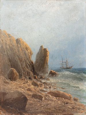 Н/х. Прибрежные скалы. Вторая половина XIX в. Холст на картоне, масло. Размер 25х19 см. Условно 