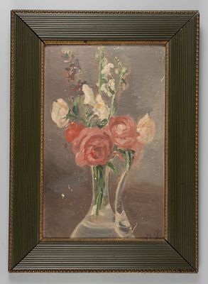 Инициалы "А. Ф." Натюрморт с розами. Первая четверть XX века. Холст на картоне, масло. Размер в 