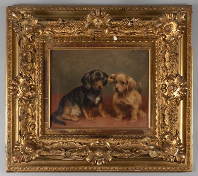 Хаймерл Йозеф. Два щенка. Рубеж XIX - XX вв. Холст, масло. Размер в свету 20х25 см. Размер по 