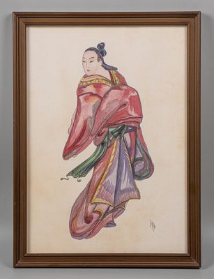 Японка в кимоно. XX век. Роспись по ткани. Размер по раме 38х28 см. Хорошее состояние. Следы 