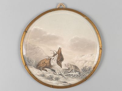 Охота на оленя. Миниатюра. Начало XIX века. Бумага, графитный карандаш, акварель. Диаметр по 