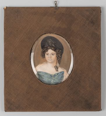 Дама в траурной шляпке. Миниатюра. Начало XIX века. Размер в свету 6.7х5.5 см. Размер по раме 