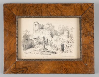 Рама с накладкой. Канадский клен(?), латунь, стекло. С литографией "Вид на руины замка". Размер 