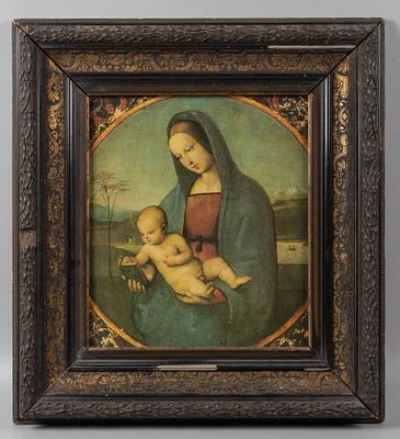 Рама с накладным мастичным орнаментом и со стеклом. С репродукцией «Мадонны Конестабиле» 