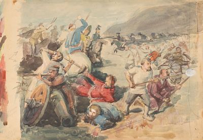 Н/х. Эскиз битвы. 1920-1930-е гг(?) Бумага, акварель. Размер листа 28,5х41 см. Условно хорошее 