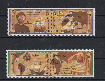 Почтовые марки Гибралтара. Парусники. Мореплаватели. 1992 г. Мих. №638-641. Две сцепки. 