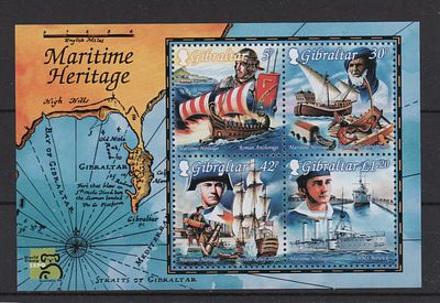 Почтовые марки Гибралтара. Корабли. Мореплаватели. 1999 г. Мих. Блок 35. Негашеный. Состояние **.