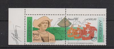 Почтовые марки Бразилии. Парусники. Мореплаватель. 1992 г. Мих. №2466-2467. Пара марок. 