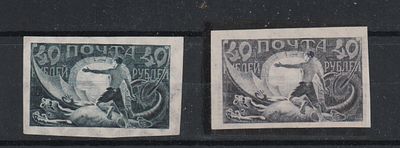 Почтовые марки РСФСР. 1921 г. Набор из 2-х марок. Сол. №7-I и 7А-I (38,5х23). Негашеные. 