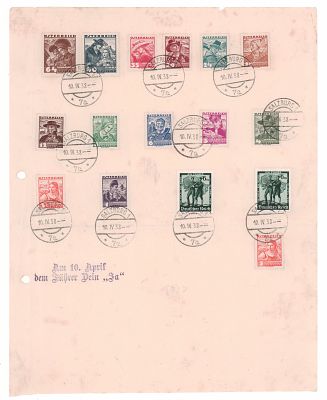 Лист с наклеенными Марками Австрии и III Рейха и спецгашениями. Содержит 14 австрийских марок 