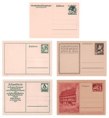 Набор из 5-и односторонних маркированных почтовых карточек III Рейха. Две карточки с 