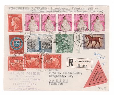 Конверт, отправленный из Люксембурга в Швецию, франкированный 13-ю почтовыми марками 