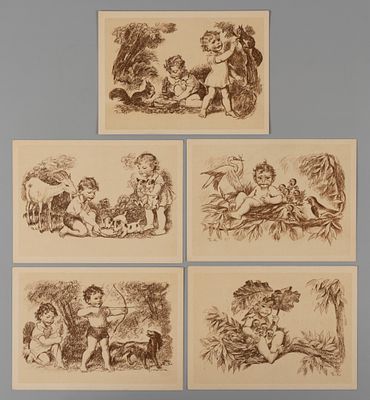Дети на природе. Набор из 5-и послевоенных живописных открыток. Инициалы автора. Открыточный 