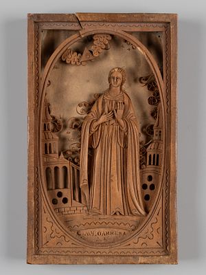 Икона резная. Святая мученица Олимпиада. XIX в. Кипарис, резьба, бумага. Размер 13х8 см. 