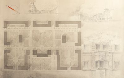 Беляков В. Генеральный план. Проект жилого дома. 3 л. 1940-е гг. Бумага, карандаш, акварель 