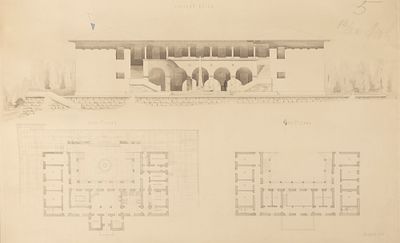Полищук Ф. В. Главный фасад и планы 1-2 этажей. 1940-1941. Бумага, тушь. Размер листа 45,5х70 см. 