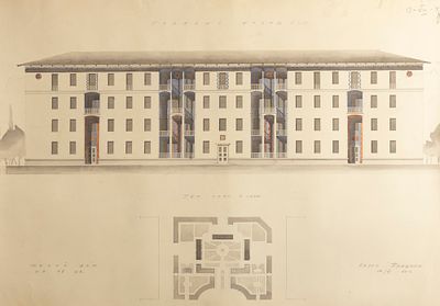 Прищепа. Фасад жилого дома на 48 квартир. 1940. Бумага, тушь, перо, акварель. Размер листа 59 