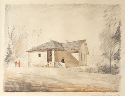 Данилов. Дом с крыльцом в парке. 2 л. 1941. Бумага, карандаш, акварель. Размеры 43,5х54 см 