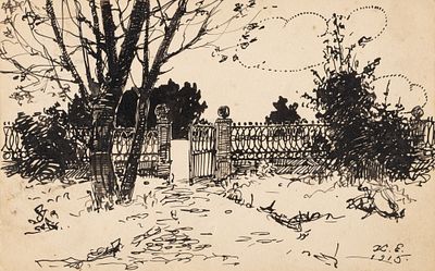 Елисеев К. С. Ограда сада. 1915. Почтовая карточка, перо, тушь. Размер 9х14 см. Хорошее 