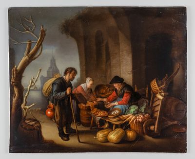 Роспись по фарфору. В. Вальтер [по подписи]. Продавщица сельди и нищий. По картине Г. Доу. 1890 г. 