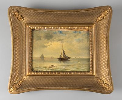 Подпись неразборчивая. Парусник в море. Начало XX века. Холст, масло. Размер в свету 16х21,5 