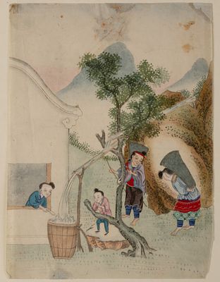 Китай. Водоносы. Сцена сельской жизни. XIX век. Бумага, акварель, тушь. Размер листа 25,5х19 см. 