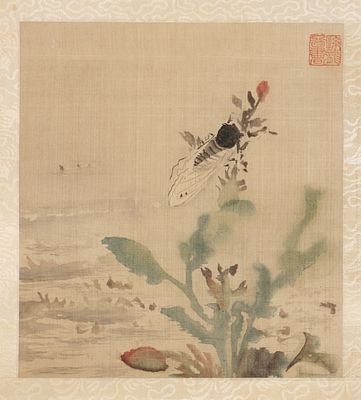 Свиток. Китай. Цикада. По рисунку Мин Сунь Лун (孙隆). XX век. Живопись на шелке(?). Размер 115х29 см.