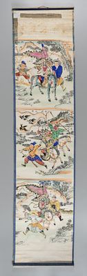 Свиток. Япония. Три сцены с воинами в парадном одеянии. XIX век. Бумага, тушь, акварель. Размер 