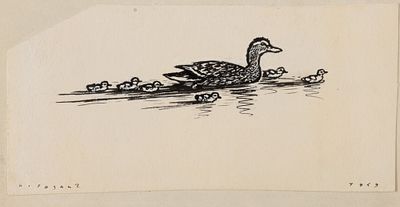 Ризнич И. И. Утка с утятами. Заставка к книге. 1959. Бумага, тушь, белила. Размер листа 7х14,5 см. 
