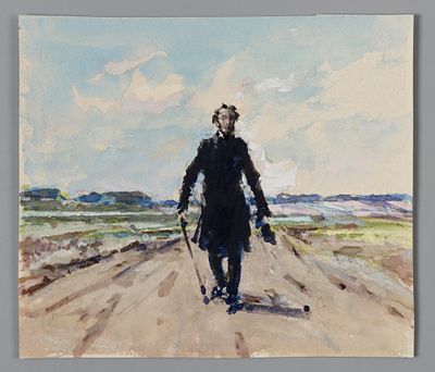 Веселов Г. Н. Пушкин на дороге. 1960-е гг. Бумага, акварель, белила. Размер листа 10,3х11,8 см. 