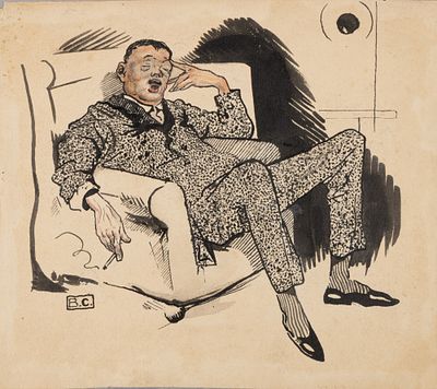 Серов В. А. Шарж (мужчина в кресле). 1920-1930-е гг. Бумага на картоне, тушь, карандаш 