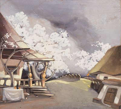 Радищев Л. А.[приписывается] Восточная деревня. 1920-е гг. Картон, темпера. Размер 18х19,5 см. Х 