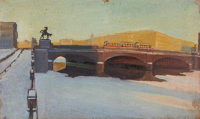 Радищев Л. А.[приписывается] Аничков мост. 1920-е гг. Картон, темпера. Размер 21х35 см. Условно 