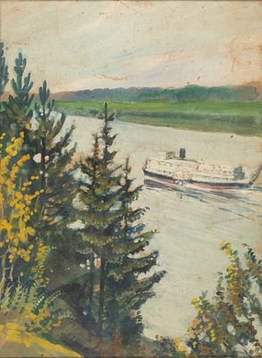 Радищев Л. А.[приписывается] Теплоход на реке. 1920-е гг. Бумага, темпера, акварель. Размер по 
