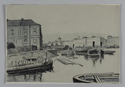 Жилин П. Ф. У Тучкова моста. 1920-е гг. Бумага, гр. карандаш, тушь. Размер листа 28,8х41,7 см. Х 