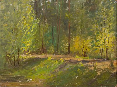 Васильев В. А. Лесная дорога. 1948. Картон, масло. Размер по раме 38,5х50 см. Условно хорошее 