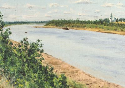 Н/х. Облачный день на Волге. 1950-е гг(?) Холст без подрамника. Размер 10,5х15 см. Условно 