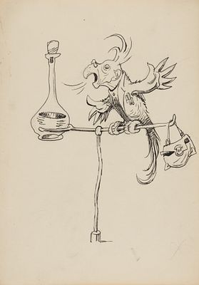 [Боевой карандаш] Гальба В. А. Попугай и колба. 1960-е гг. Бумага, тушь. Размер 27,3х19,3 см. Хо 