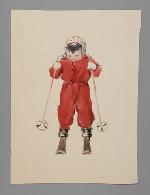 Матюх В. Ф. На лыжах. 1950-е. Бумага, акварель. Размер листа 25х18,5 см. Хорошее состояние. 