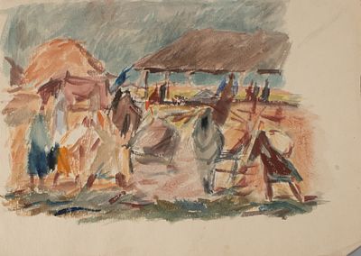 Матюх В. Ф. В колхозе. 1942. Бумага, акварель. Размер листа 20,5х28,8 см. Хорошее состояние. На 