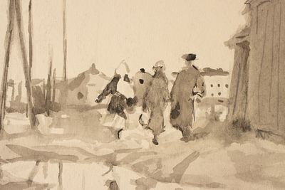 Матюх В. Ф. На улице. 1940-е гг. Бумага, тушь. Размер листа 14,2х20,8 см. Хорошее состояние. 