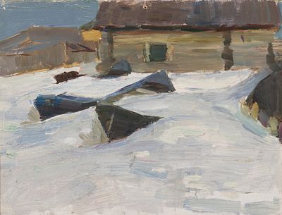Грушко А. Б. Лодки в снегу. 1974. Картон, масло. Размер 15,8х22,5 см. Хорошее состояние. Следы 