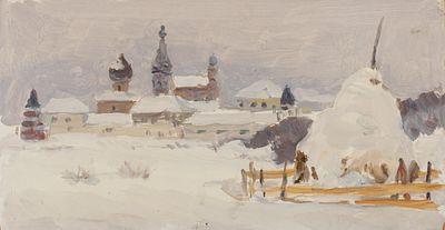 Захарьян Р. А. Зима. 1960-е гг. Картон, масло. Размер 18,5х35 см. Хорошее состояние. Следы 