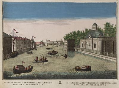 Вид реки Фонтанки от Грота и Запасного дворца. По рис. М. Махаева. 1750-е гг. Бумага верже 