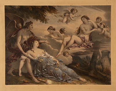 Н/х. Венера, Амур и спящая девушка. XIX век. Бумага, литография с подрисовкой акварелью. Размер 